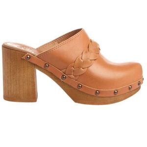 Penelope Chilvers Leather Braided Wood Clog Slip On Studded Brown Size 8 / EU 39
